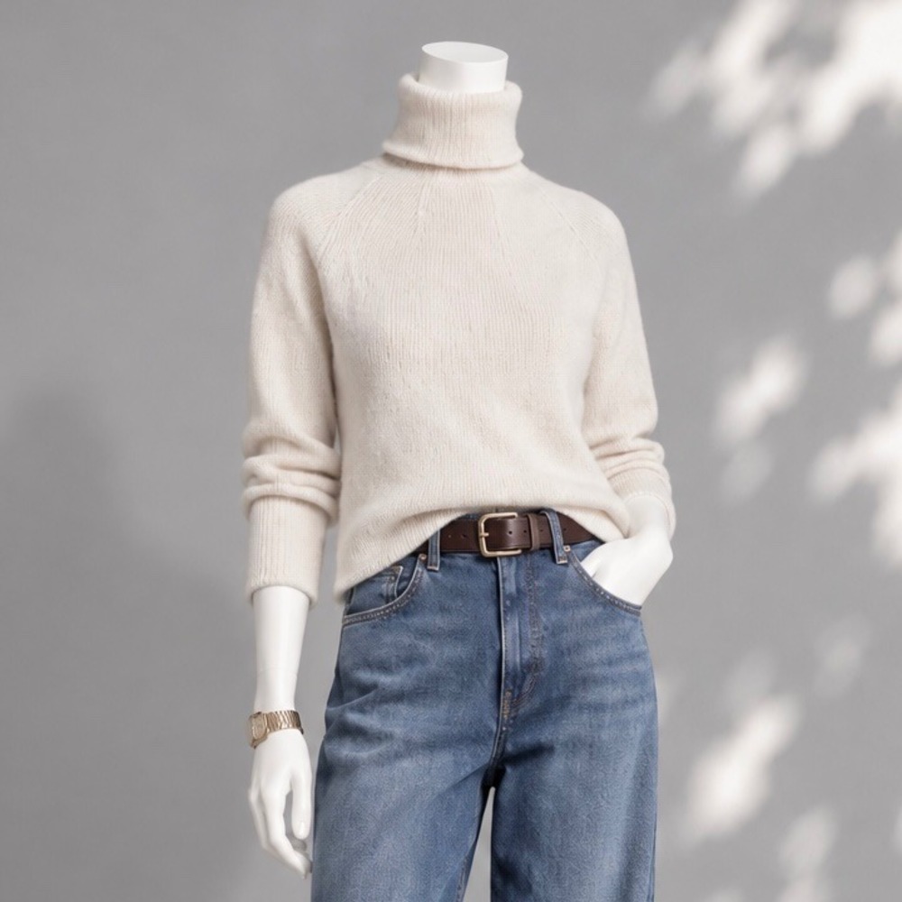 TSE 100% Cashmere Sweater S/L Ivory Mock Turtleneck Quiet Luxury Minimalist